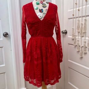 Red Embroidered Dress with Sheer Details